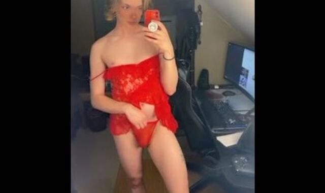 Light-haired hair blue eye trans red lingerie tease 2