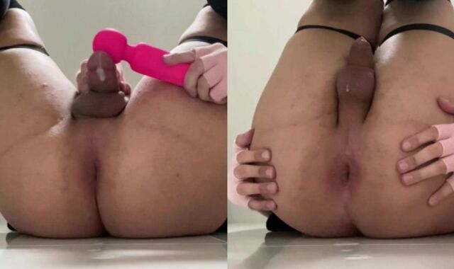 Trans woman reaches orgasm using a very strong vibro