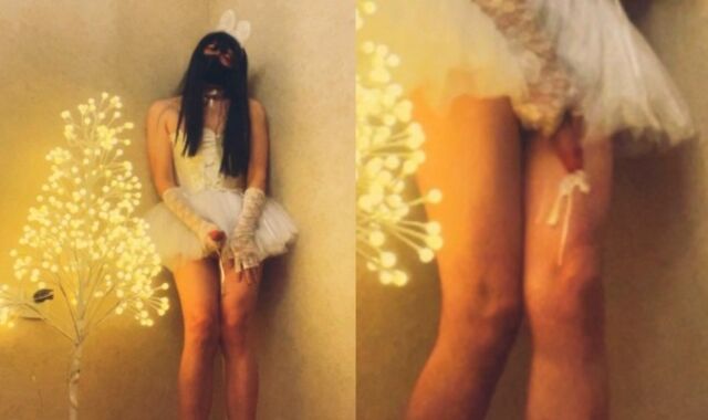 Japanese she-creature dressed in white gauze micro-micro-skirt blows a load next to Christmas tree