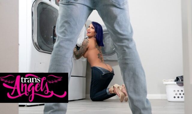 TRANS ANGELS - Lance Hart Watches Curvaceous Foxxy Getting Crazy While Doing Her Laundry Naked